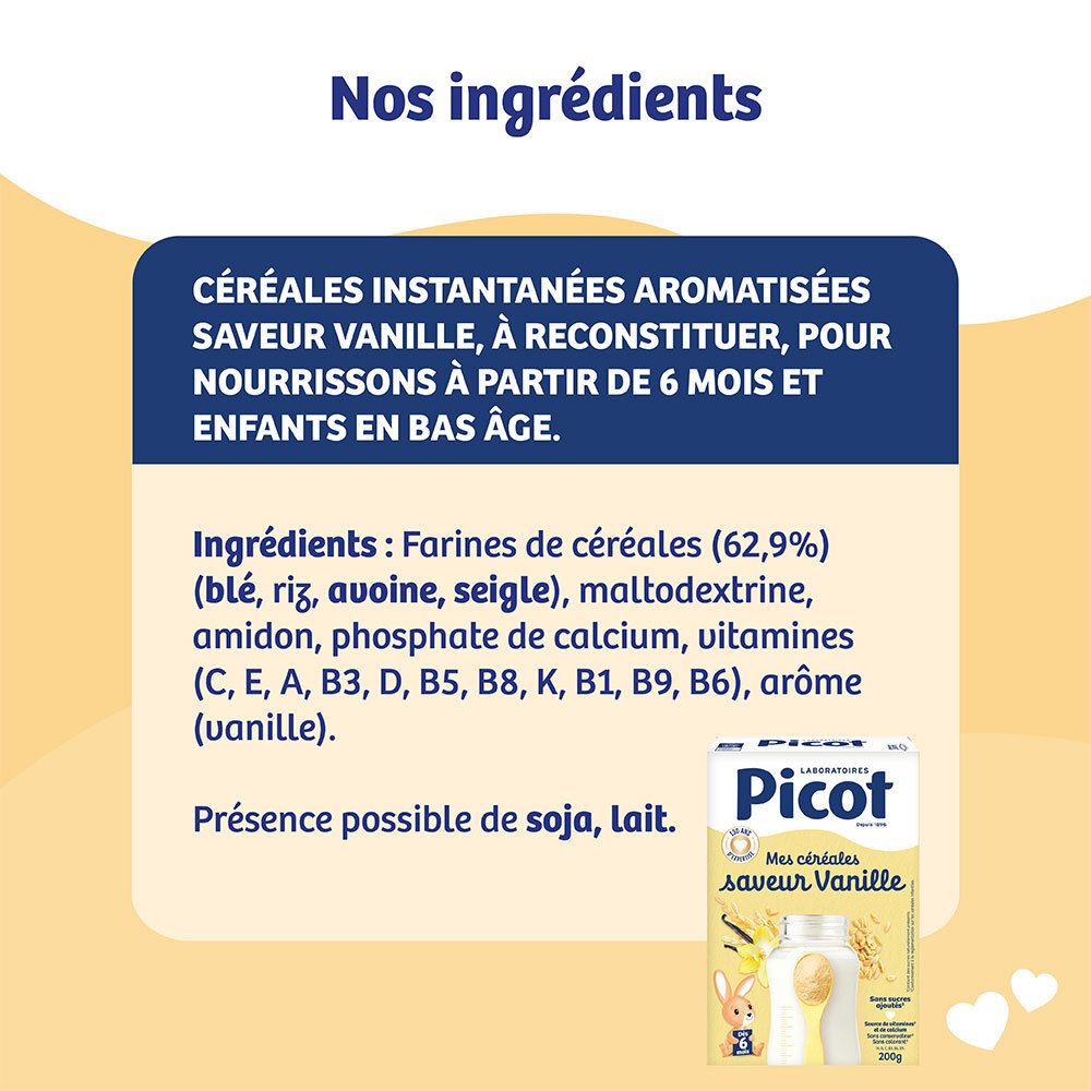 Informations sur les ingrédients de Picot Mes Céréales saveur Vanille.