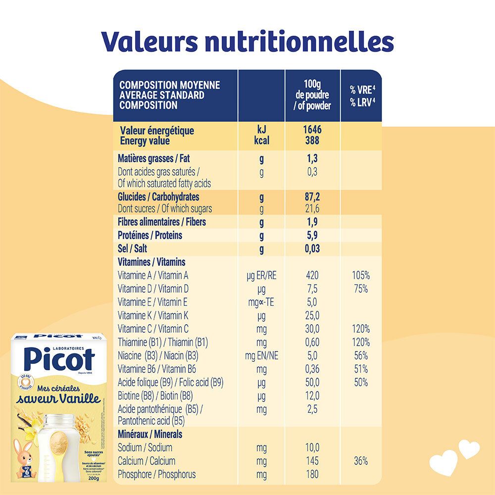 Tableau nutritionnel pour Picot Mes Céréales saveur Vanille.