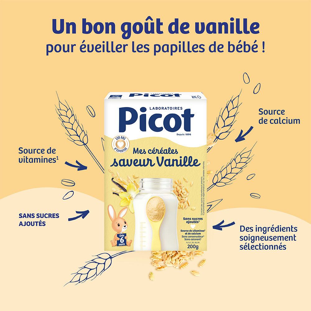Boîte Picot Mes Céréales Vanille soulignant les vitamines, le calcium et l'absence de sucres ajoutés.