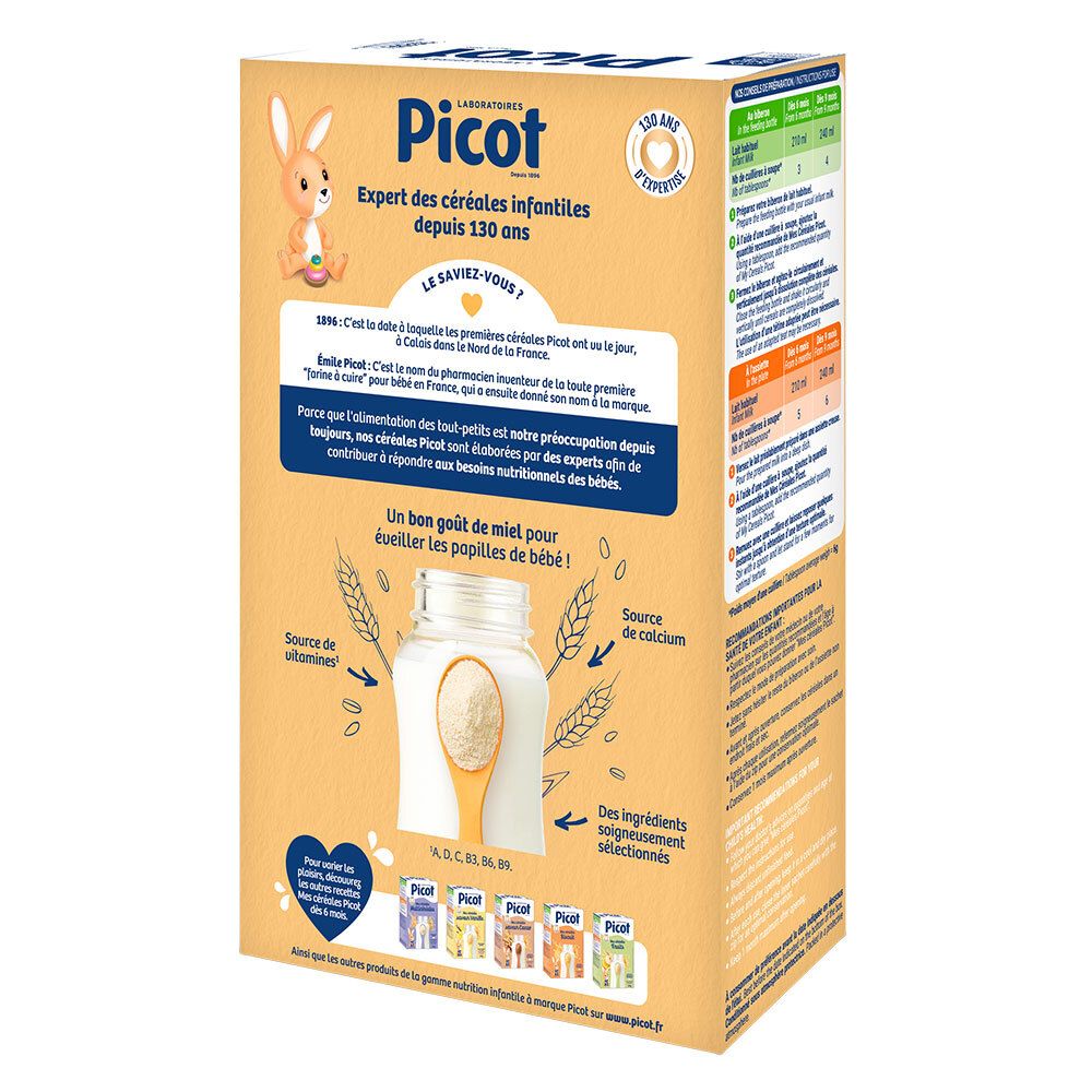 Dos de la boîte Picot Mes céréales Miel. Informations sur ingrédients, vitamines et calcium.