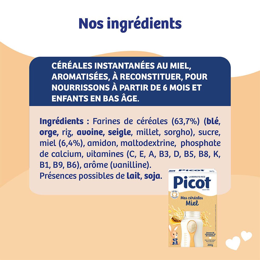 Boîte Picot Mes Céréales Miel, focus sur la liste des ingrédients.