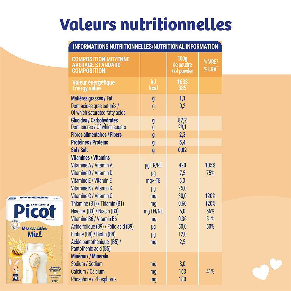 Boîte Picot Mes Céréales Miel, informations nutritionnelles pour 100g de poudre.