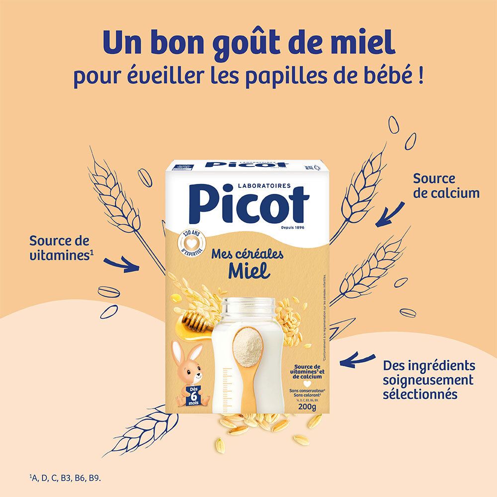 Boîte Picot Mes Céréales Miel, mettant en avant les vitamines et le calcium.
