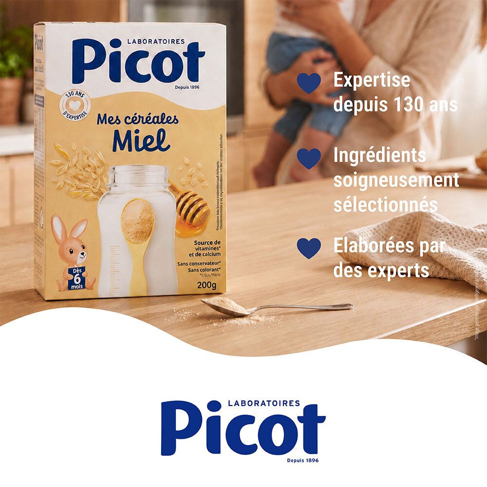 Boîte Picot Mes Céréales Miel sur table en bois, avec cuillère et poudre.