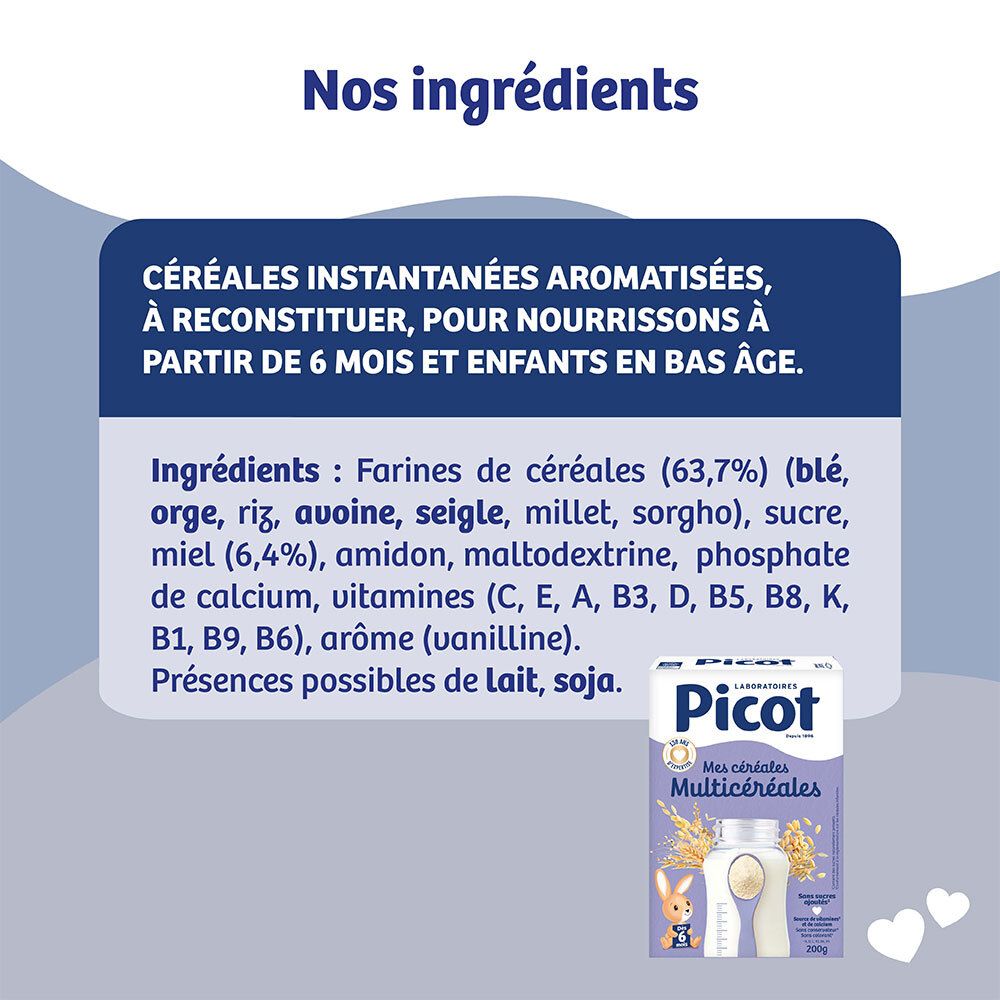 Boîte Picot Mes Céréales Multicéréales avec liste d'ingrédients et image du produit.