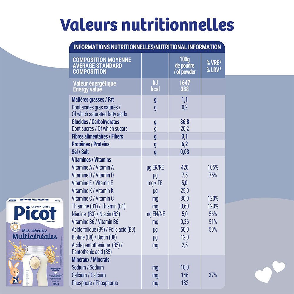 Boîte Picot Mes Céréales Multicéréales avec tableau nutritionnel et image du produit.