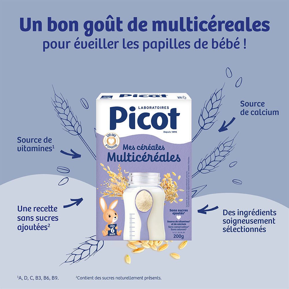 Boîte Picot Mes Céréales Multicéréales mettant en avant les vitamines et le calcium.