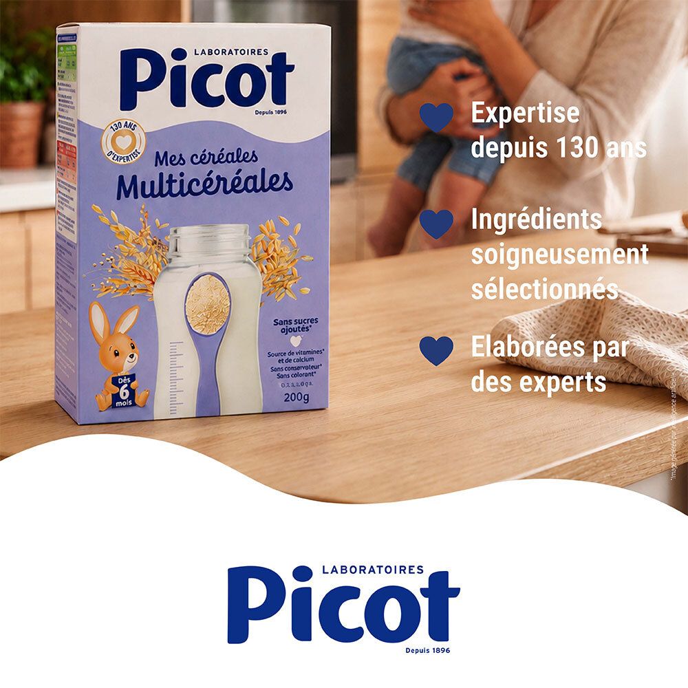 Boîte Picot Mes Céréales Multicéréales avec instructions de préparation pour biberon.