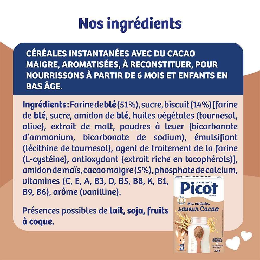 Boîte Picot Mes Céréales Cacao avec liste des ingrédients et informations sur les allergènes.