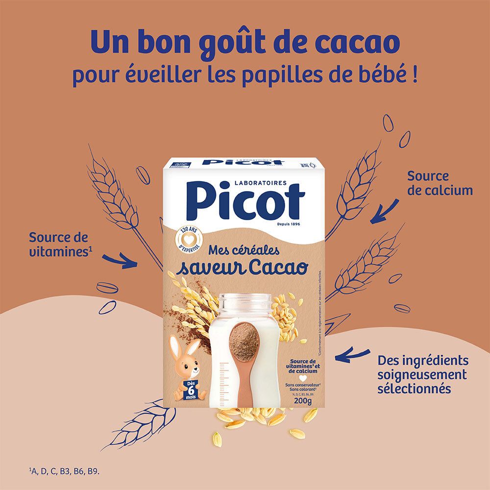 Picot Mes Céréales Cacao, céréales pour bébés, source de vitamines et de calcium.