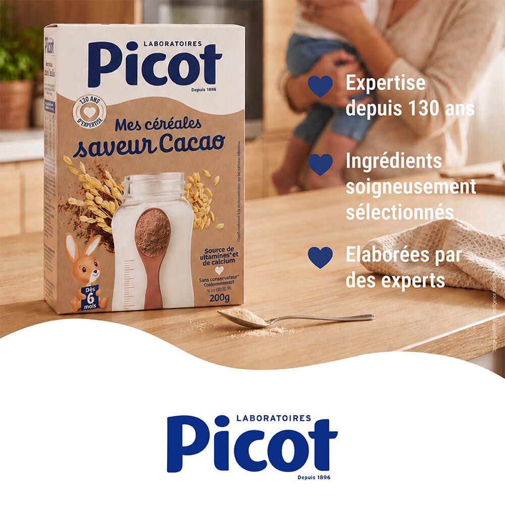 Tableau de préparation pour Picot Mes Céréales Cacao pour bébés dès 6 mois.