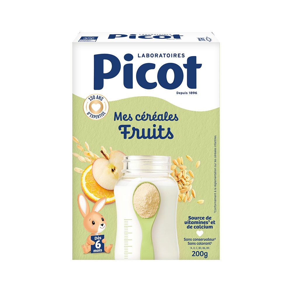 Boîte de Picot Mes Céréales - saveur fruits. Contient céréales, fruits et lait en poudre. Pour bébés dès 6 mois.