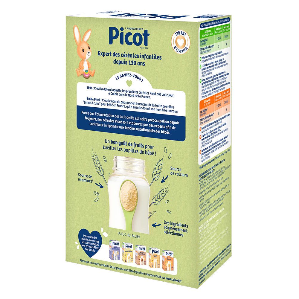 Dos de la boîte Picot Mes Céréales - saveur fruits. Contient informations sur le produit et la marque.