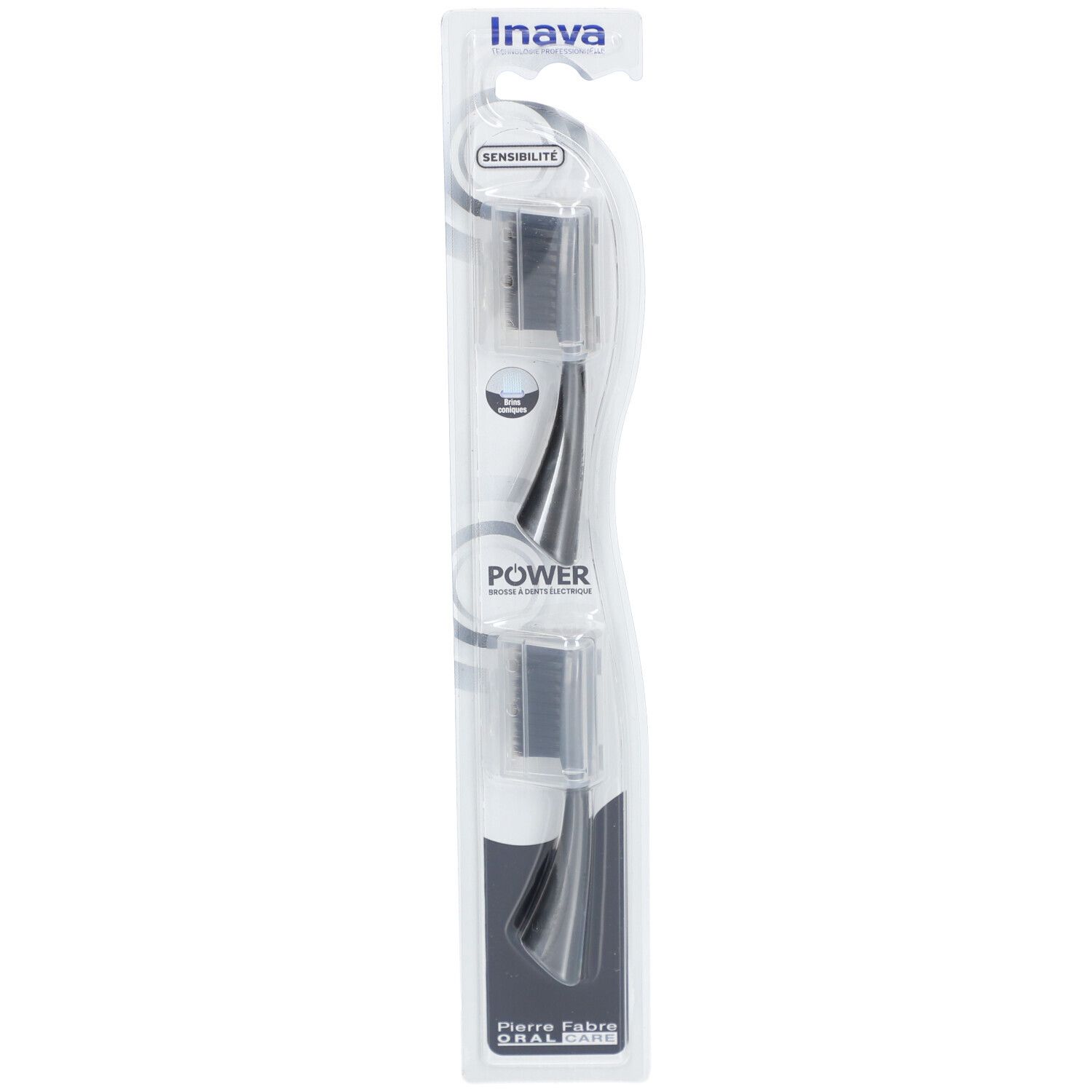 Deux recharges Inava Power noires dans un emballage transparent. Logo Sensibilité. Pierre Fabre Oral Care.