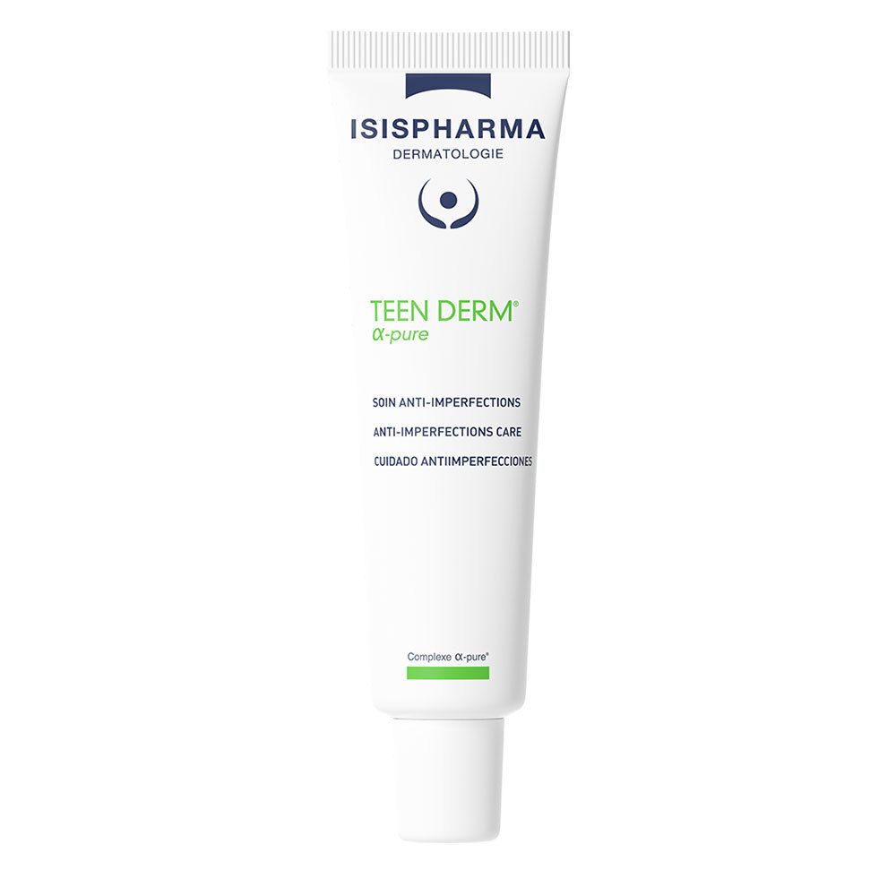 Tube blanc avec impression verte et bleue. Inscription: ISISPHARMA, Teen Derm α-pure. Soin anti-imperfections.