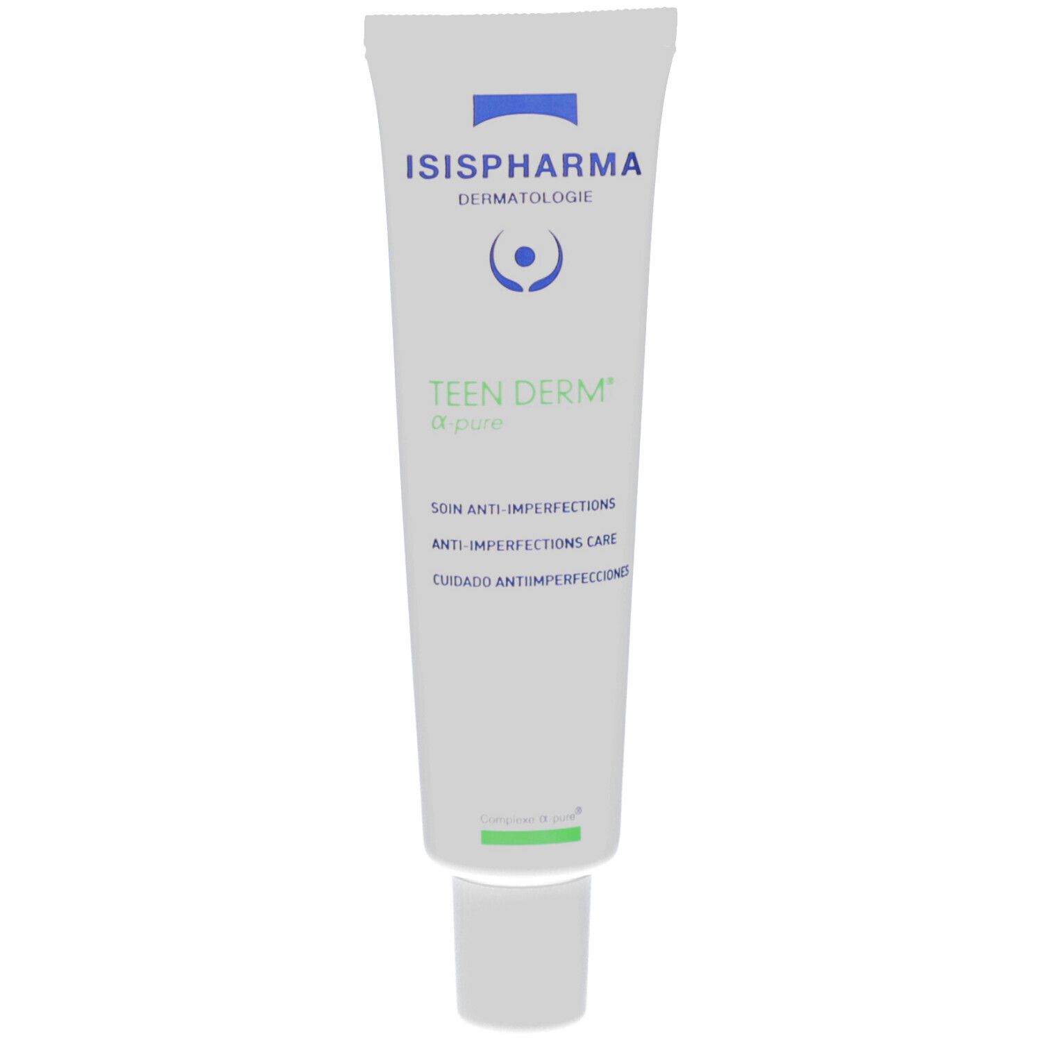 Tube blanc avec impression verte et bleue. Inscription: ISISPHARMA, Teen Derm α-pure. Soin anti-imperfections.