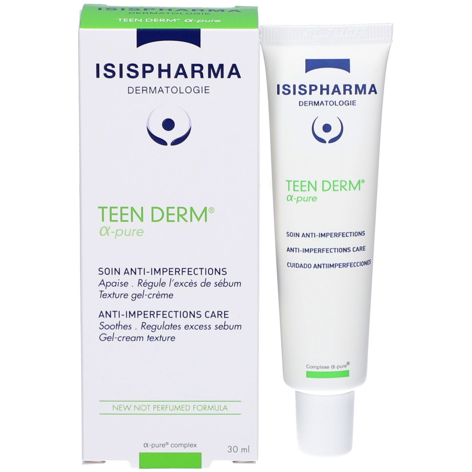 Emballage et tube. Emballage: blanc, vert. Inscription: ISISPHARMA, Teen Derm α-pure. Soin anti-imperfections.