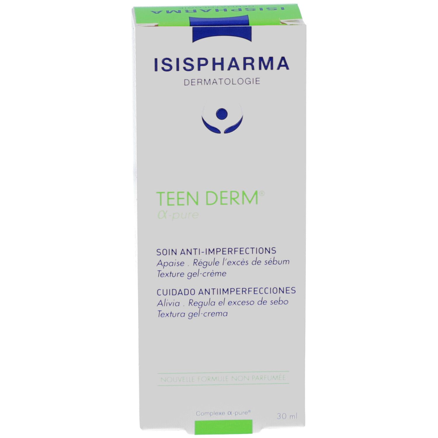 Emballage du produit. Blanc, vert. Inscription: ISISPHARMA, Teen Derm α-pure. Soin anti-imperfections. 30 ml.