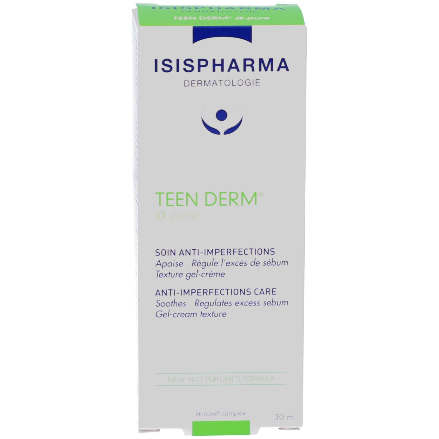 Emballage du produit. Emballage blanc avec des accents verts et bleus. Inscription: ISISPHARMA, Teen Derm α-pure.