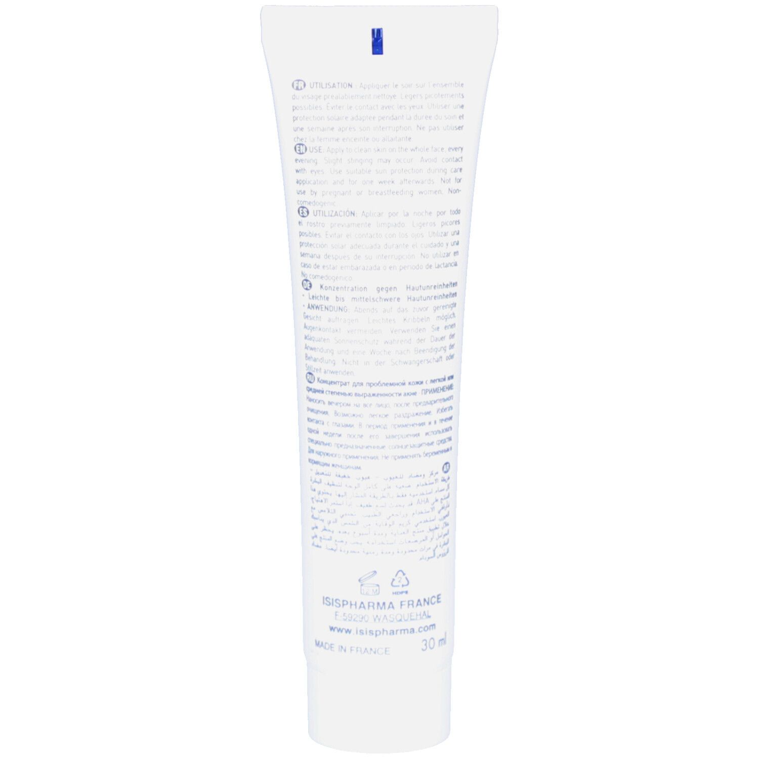 Dos du tube. Texte multilingue. ISISPHARMA FRANCE. 30 ml.