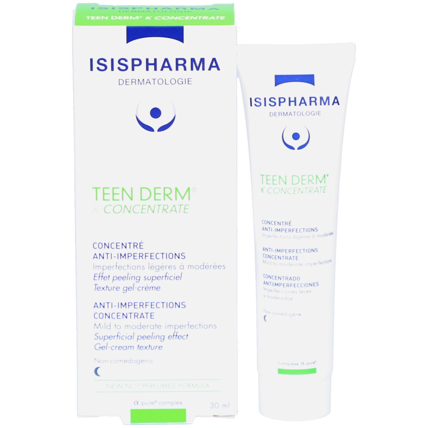 Emballage et tube. ISISPHARMA Teen Derm K Concentrate. Emballage vert et blanc. 30 ml.