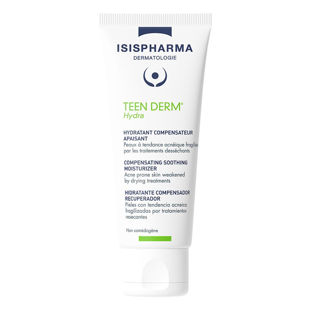 Tube blanc avec impression verte et bleue. Contient ISISPHARMA, Teen Derm Hydra. Texte: Hydratant Compensateur Apaisant.