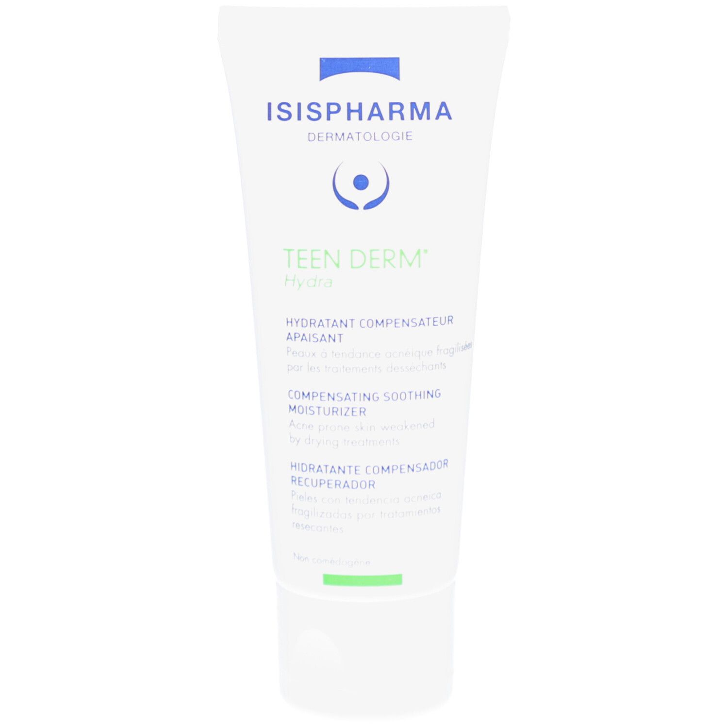 Tube blanc avec impression verte et bleue. Contient ISISPHARMA, Teen Derm Hydra. Texte: Hydratant Compensateur Apaisant.