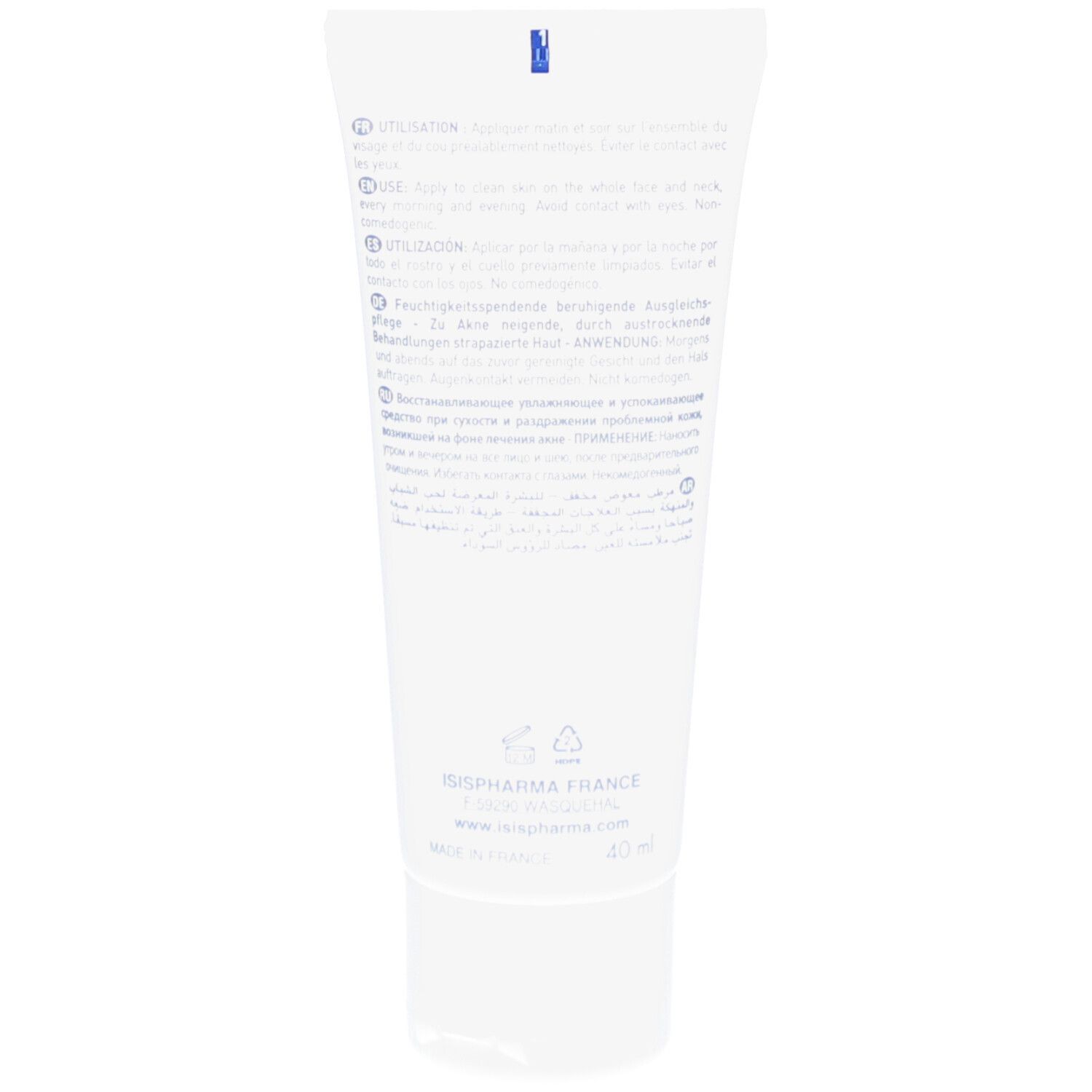 Dos du tube blanc. Texte multilingue. ISISPHARMA France, 40 ml. Fabriqué en France. Symboles de recyclage.