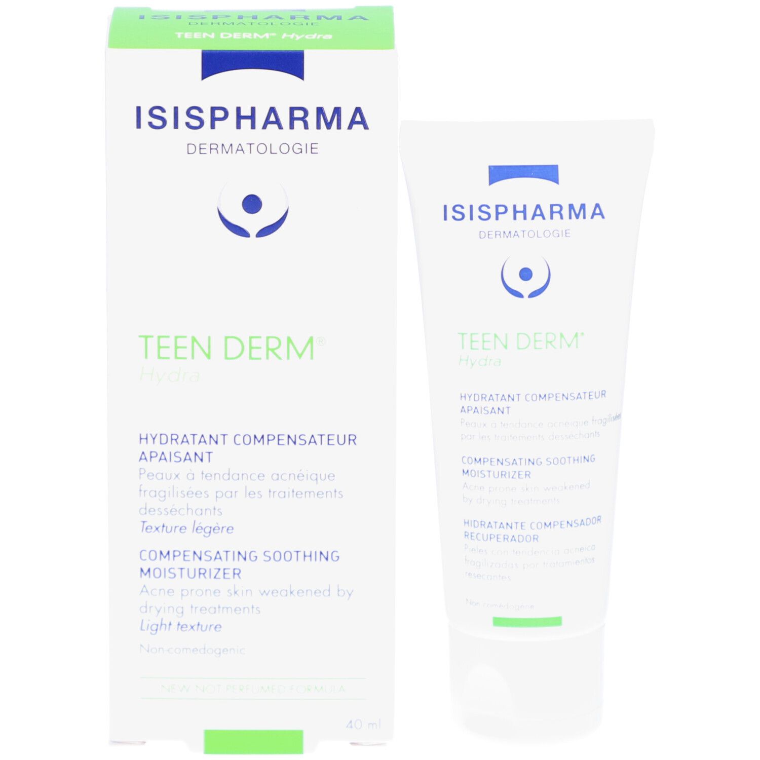 Boîte et tube blancs. Boîte avec ISISPHARMA, Teen Derm Hydra. Texte: Hydratant Compensateur Apaisant. 40 ml.