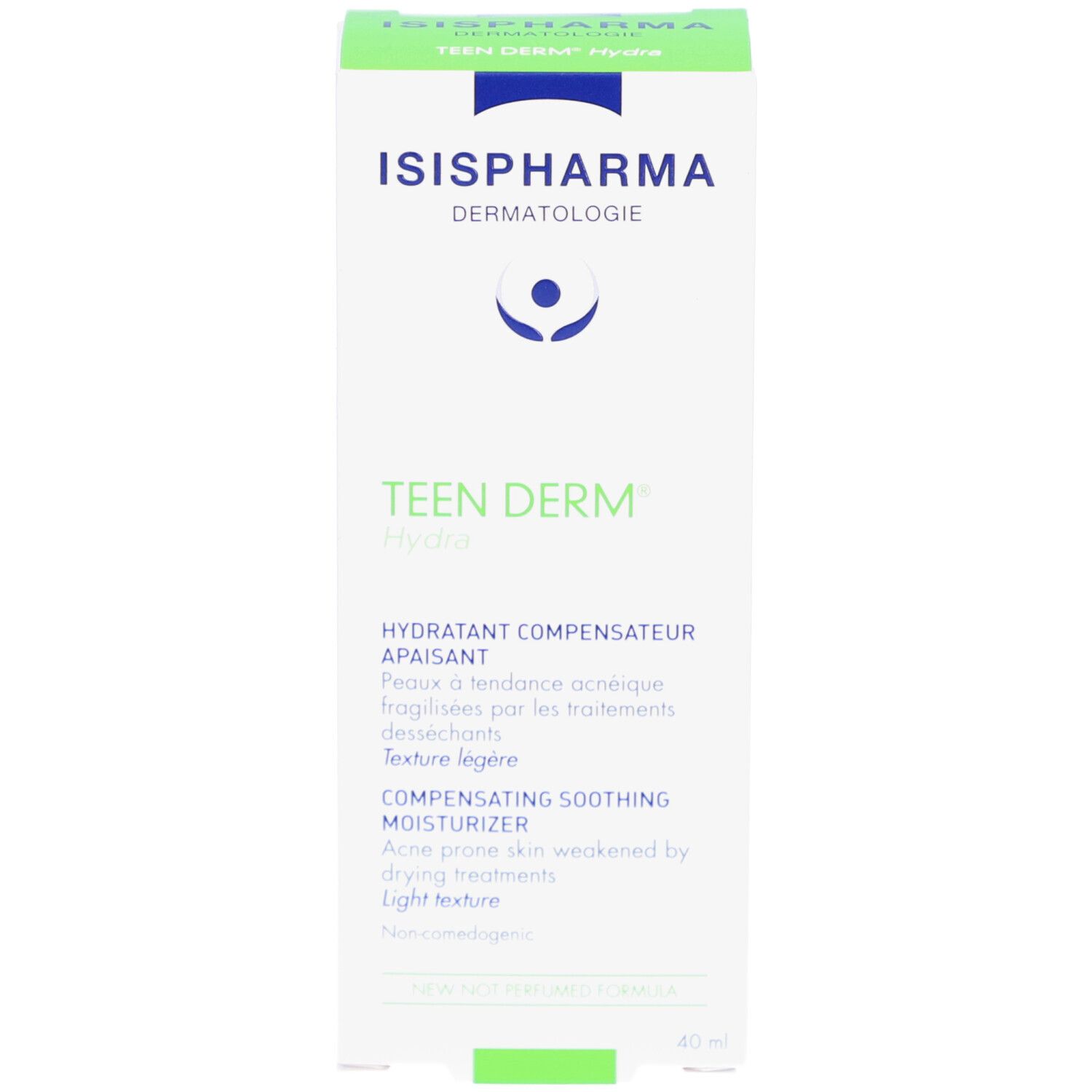 Boîte blanche avec impression verte et bleue. Contient ISISPHARMA, Teen Derm Hydra. Texte: Hydratant Compensateur Apaisant.