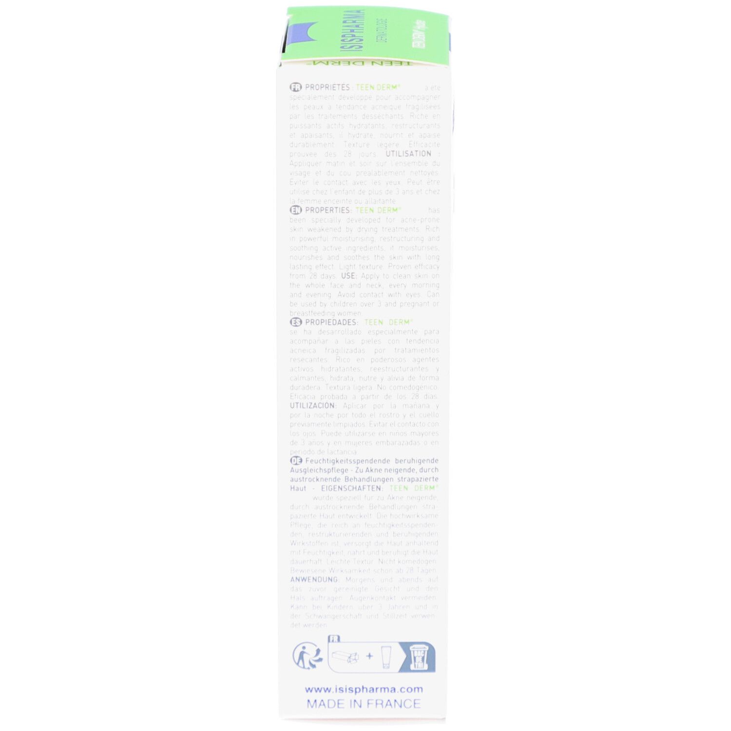 Dos de la boîte blanche. Texte multilingue. ISISPHARMA France, 40 ml. Fabriqué en France. Code QR.