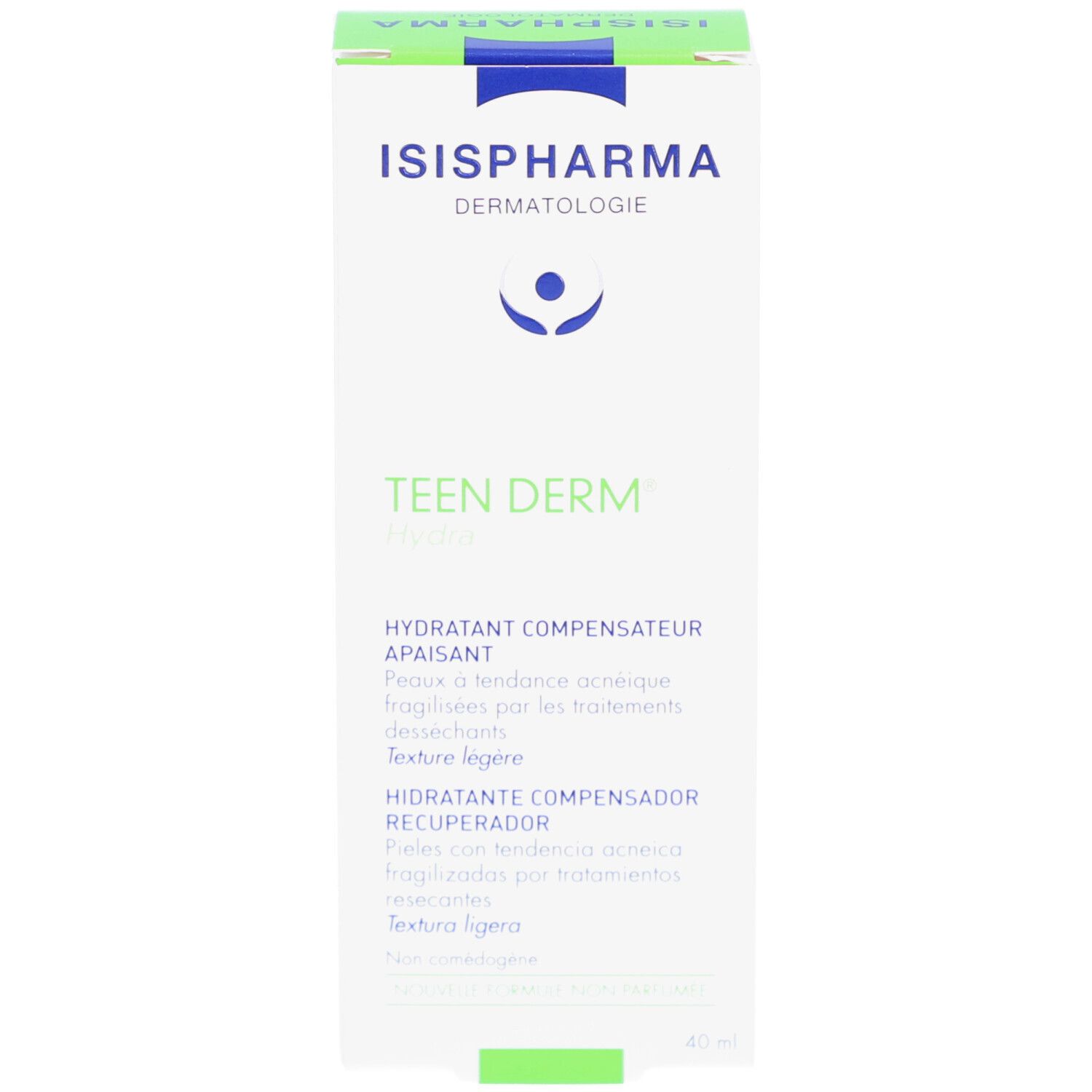 Boîte blanche avec impression verte et bleue. Contient ISISPHARMA, Teen Derm Hydra. Texte: Hydratant Compensateur Apaisant.