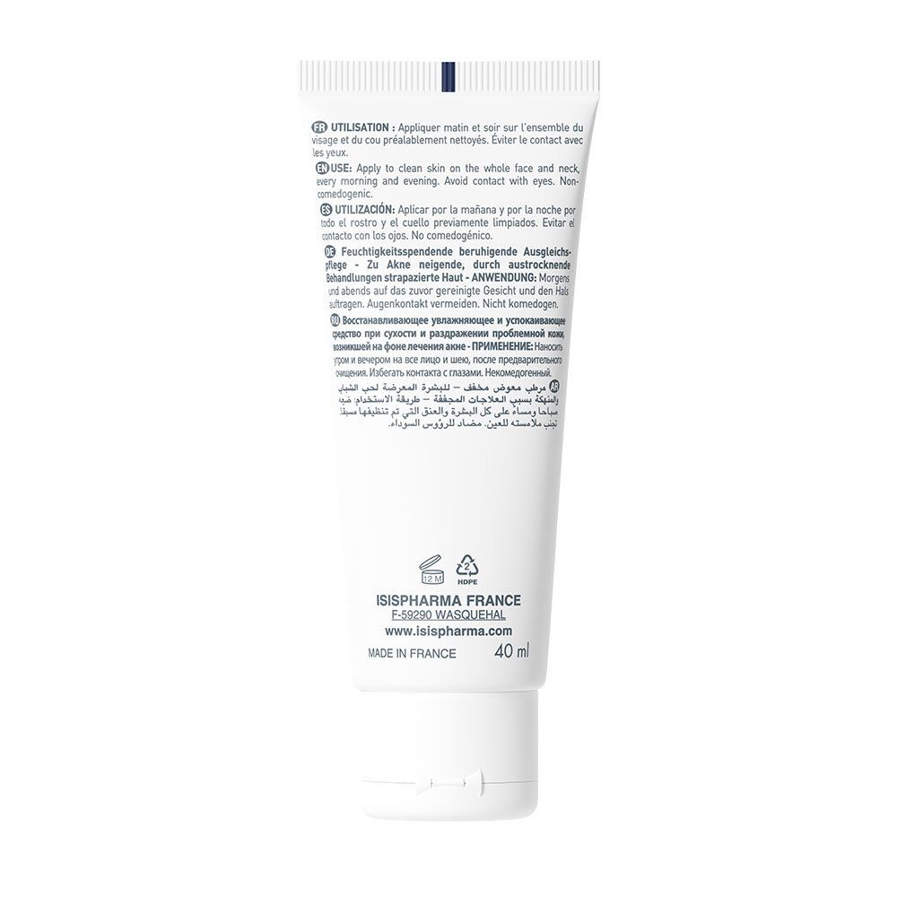 Dos du tube blanc. Texte multilingue. ISISPHARMA France, 40 ml. Fabriqué en France. Symboles de recyclage.