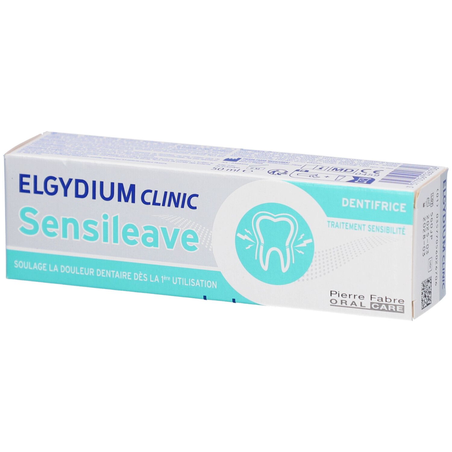 Emballage de dentifrice Elgydium Clinic Sensileave. Soulage la douleur dentaire dès la 1ère utilisation. Symbole dent.