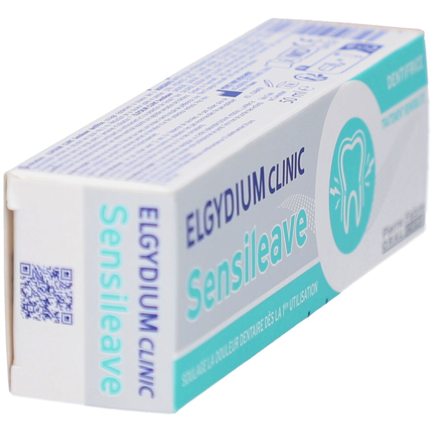 Emballage de dentifrice incliné. Elgydium Clinic Sensileave. Code QR sur le côté. Symbole dent.