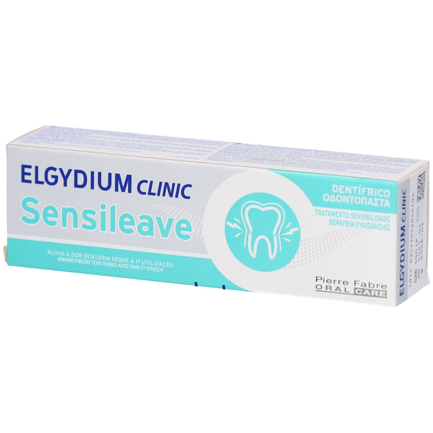 Emballage de dentifrice Elgydium Clinic Sensileave. Soulage la douleur dentaire dès la 1ère utilisation. Symbole dent.