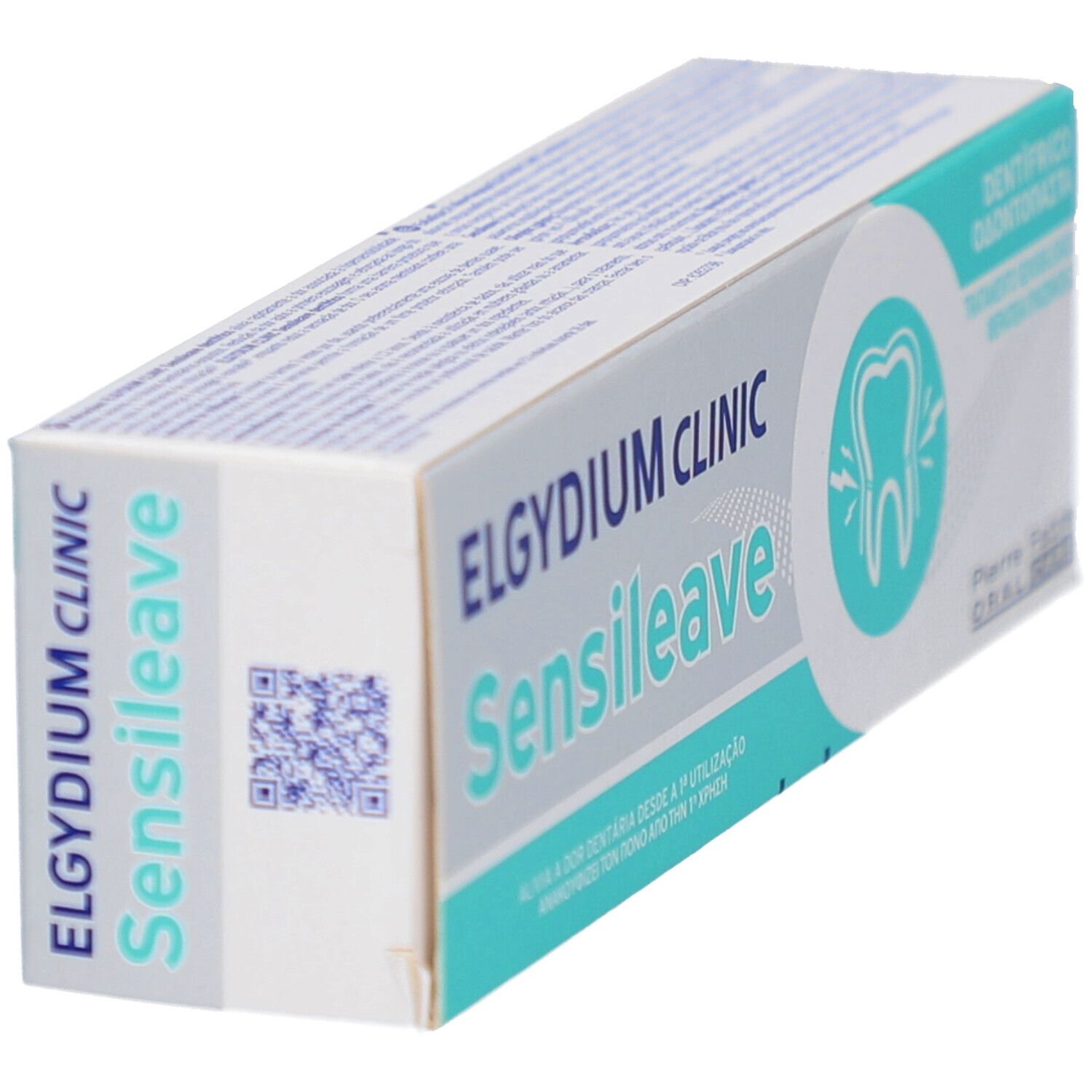 Emballage de dentifrice incliné. Elgydium Clinic Sensileave. Code QR sur le côté. Symbole dent.