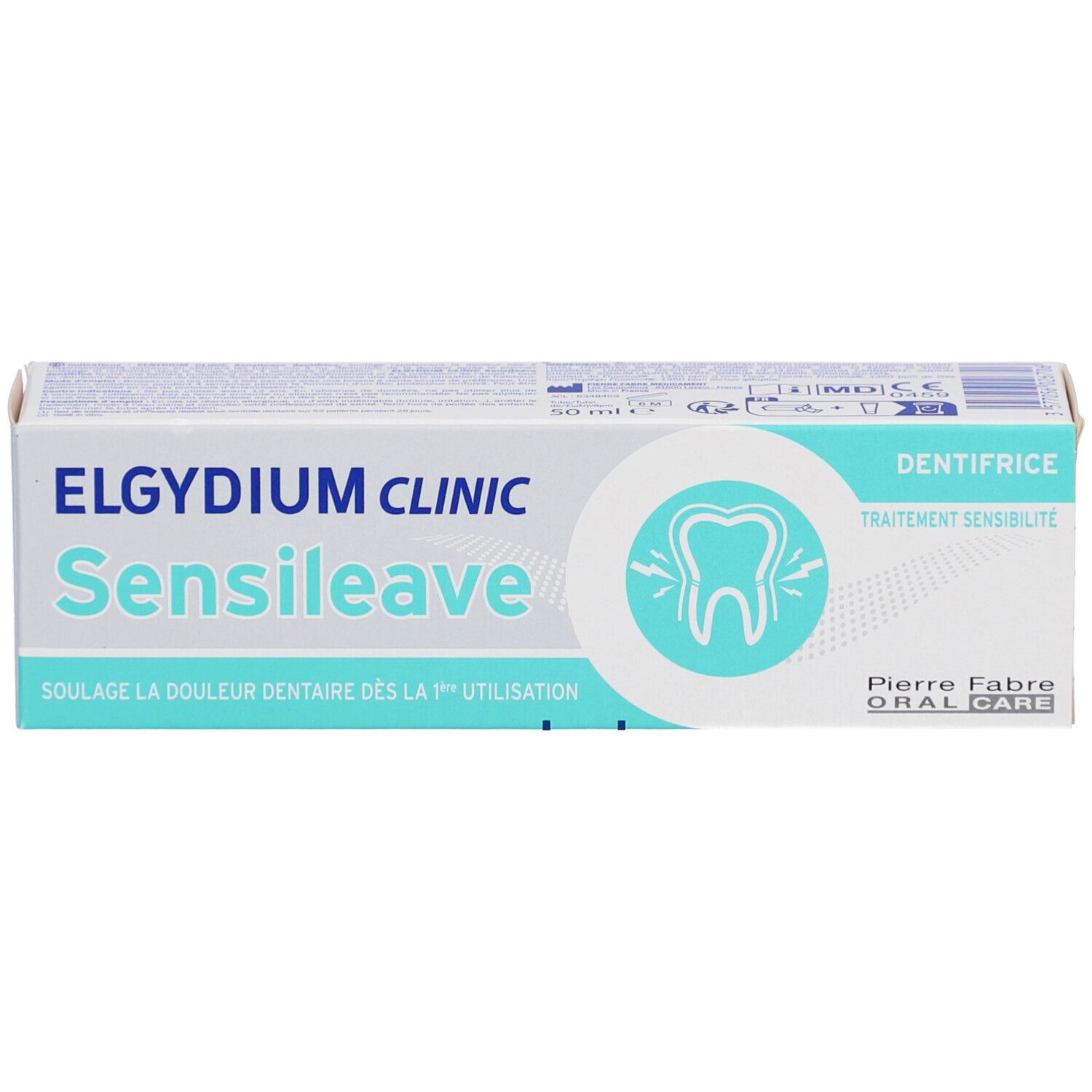 Emballage de dentifrice Elgydium Clinic Sensileave. Soulage la douleur dentaire dès la 1ère utilisation. Symbole dent.
