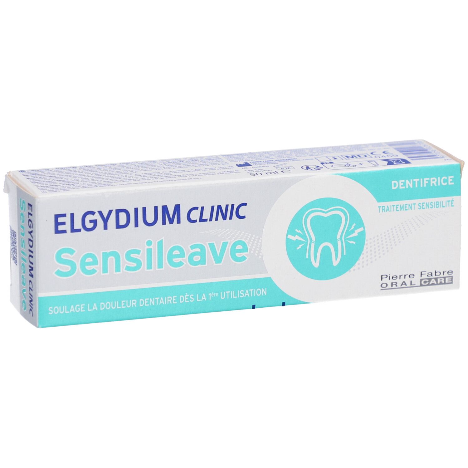 Emballage de dentifrice Elgydium Clinic Sensileave. Soulage la douleur dentaire dès la 1ère utilisation. Symbole dent.