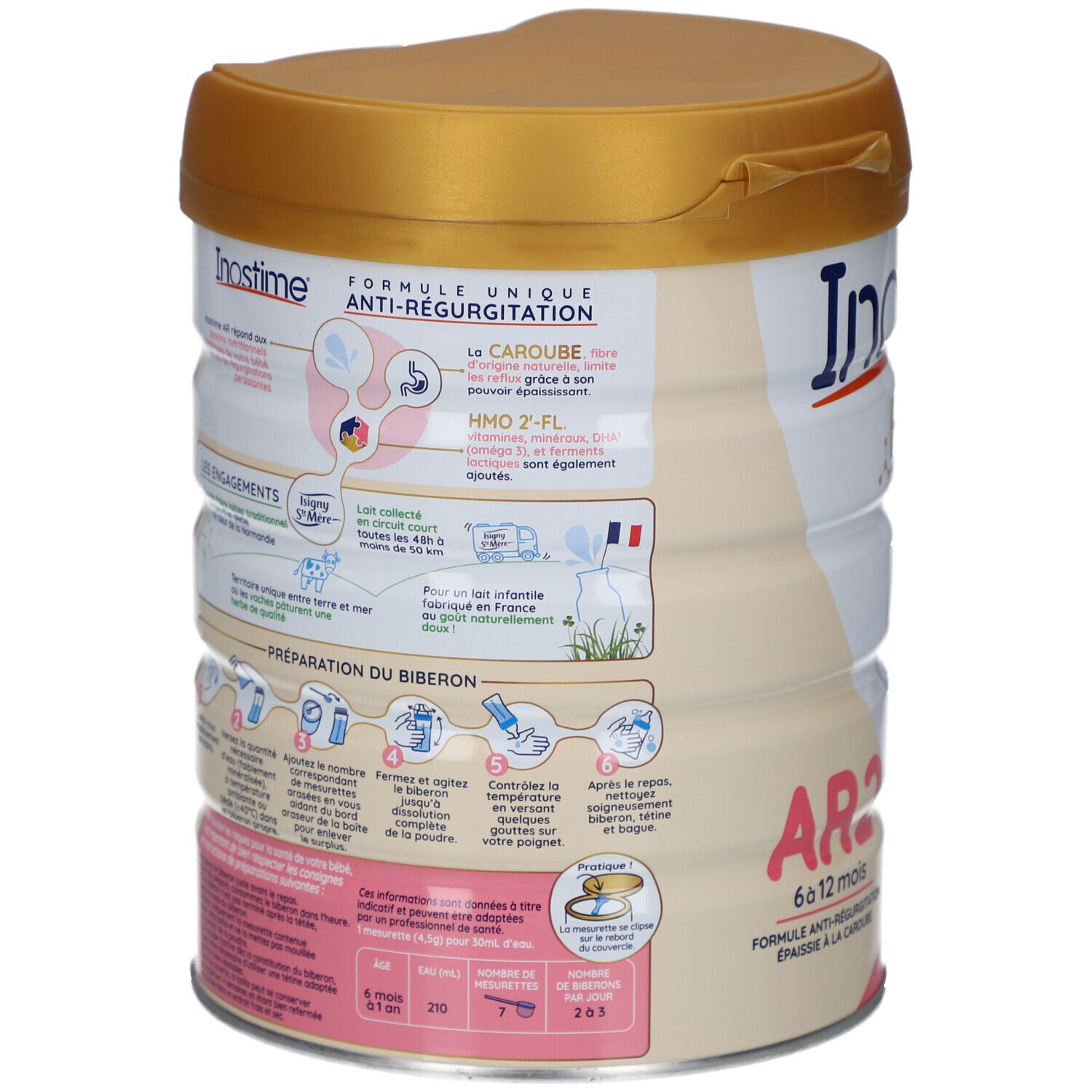 Dos de la boîte INOSTIME LAIT AR 2E AGE 6-12M. Texte et illustrations. Instructions de préparation et ingrédients.
