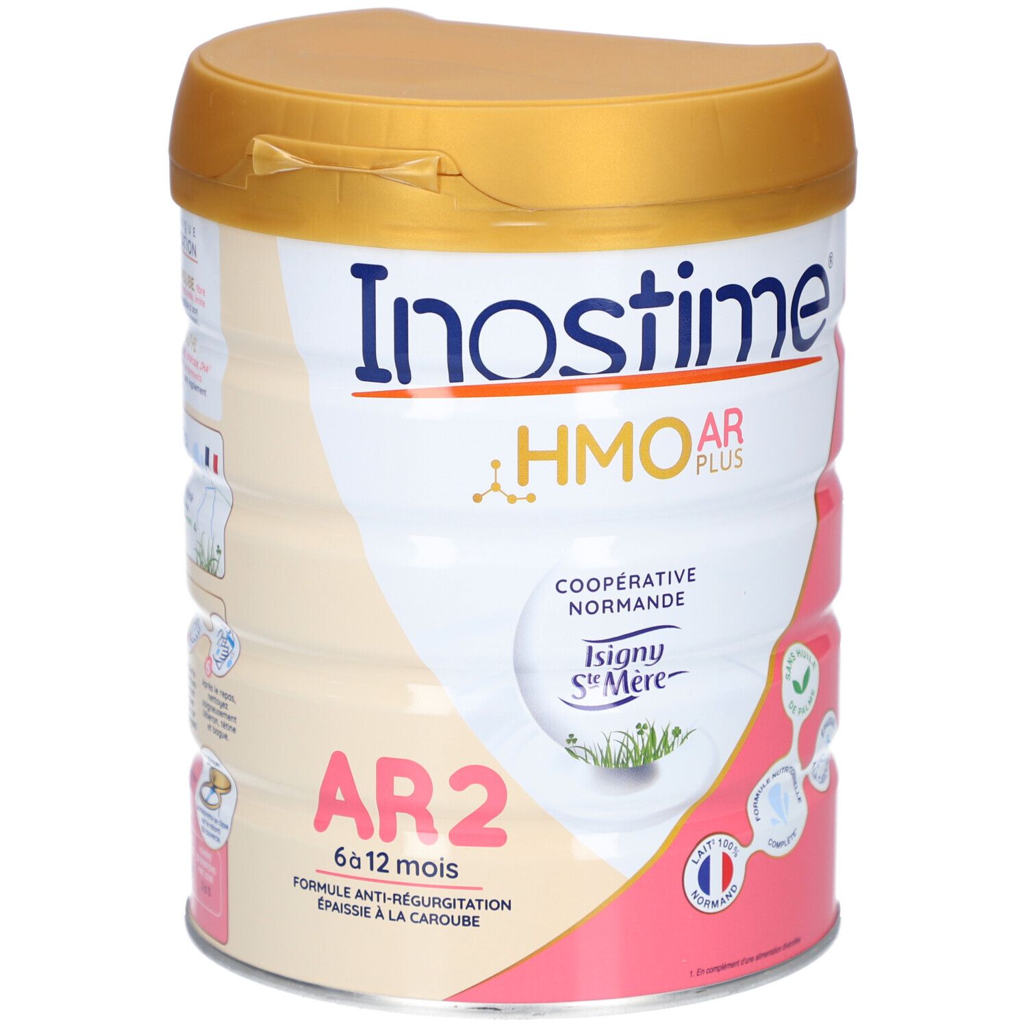 Boîte INOSTIME LAIT AR 2E AGE 6-12M. Blanche, rose et dorée. Nom du produit, logo et informations nutritionnelles.