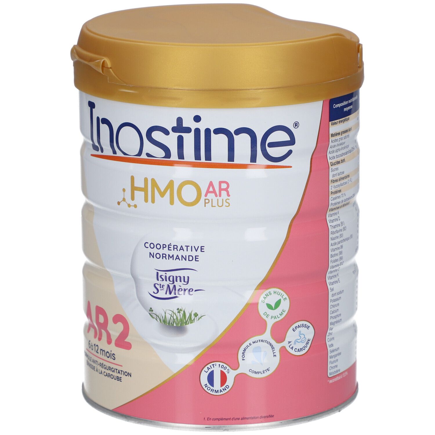 Boîte INOSTIME LAIT AR 2E AGE 6-12M. Blanche, rose et dorée. Nom du produit, logo et informations nutritionnelles.