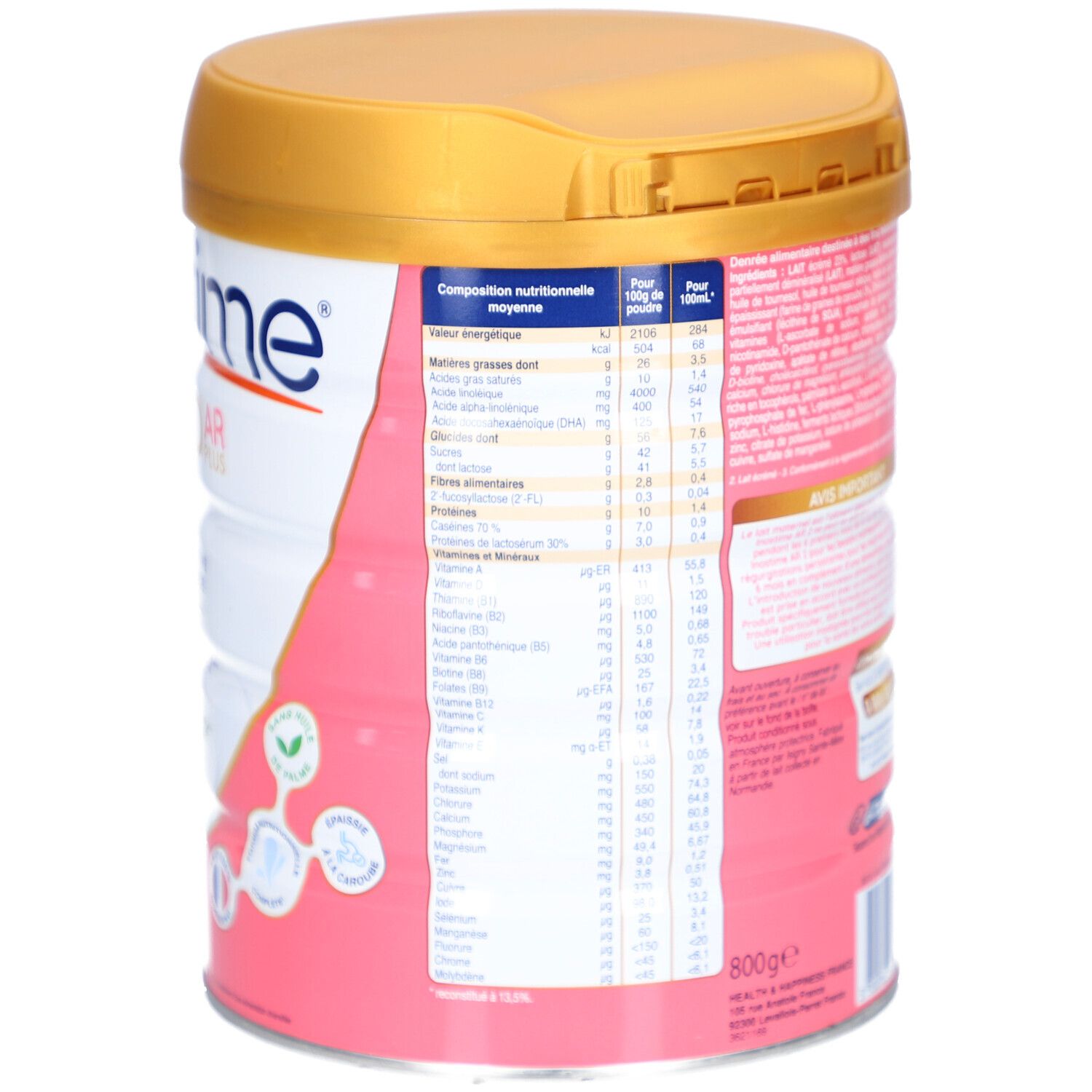 Dos de la boîte INOSTIME LAIT AR 2E AGE 6-12M. Informations nutritionnelles et texte. Boîte de 800g.