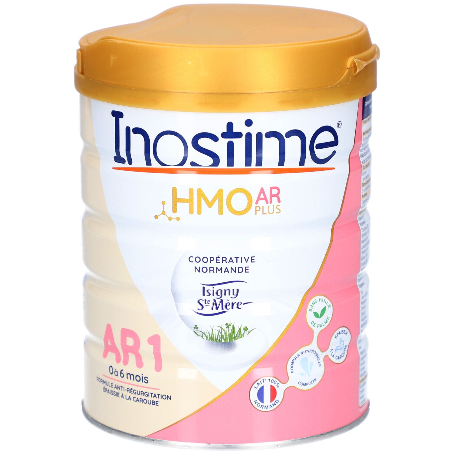Boîte de lait infantile Inostime AR1, 0-6 mois. Couvercle doré, design rose et blanc. Inscription : HMO AR PLUS.