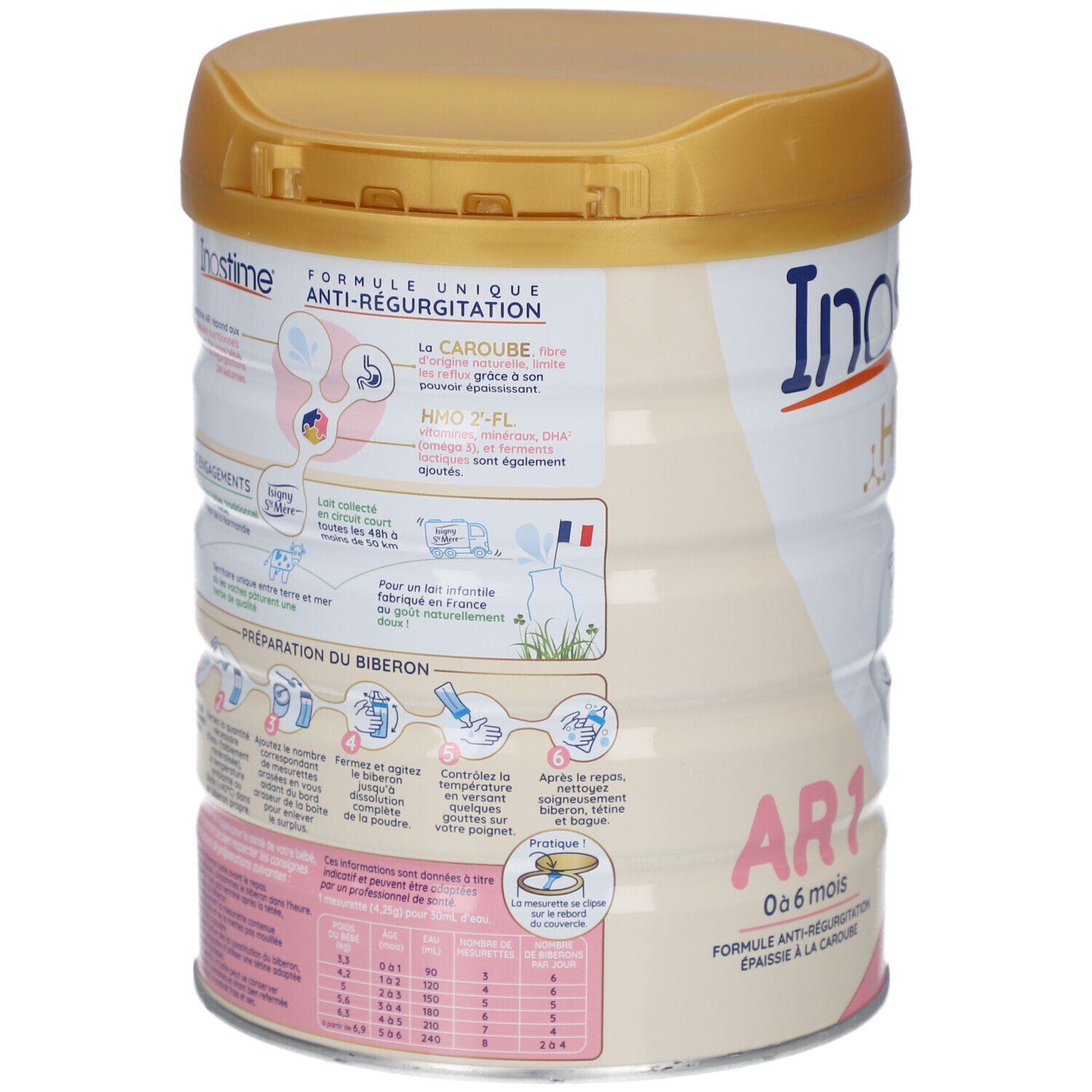 Dos de la boîte de lait infantile. Inostime, AR1. Couvercle doré. Texte : Préparation du biberon, formule anti-régurgitation.