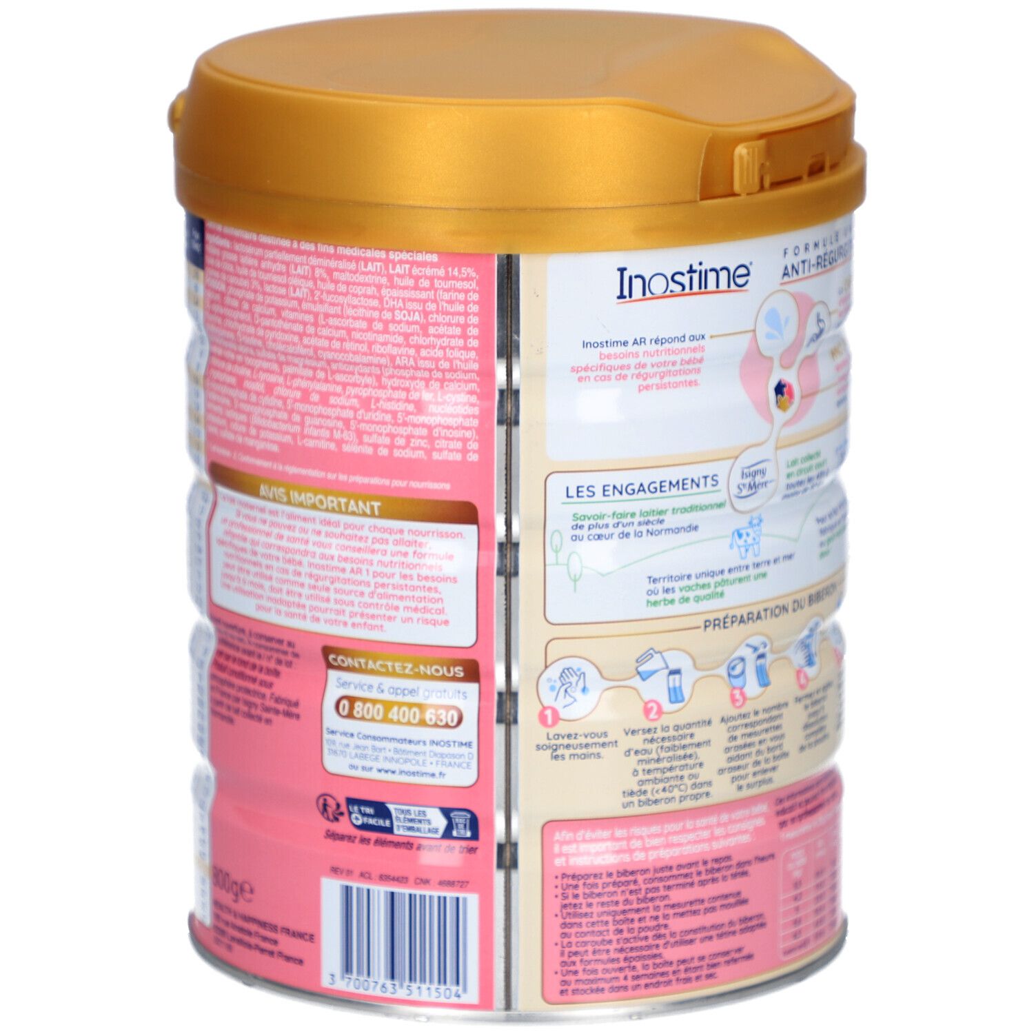 Dos de la boîte de lait infantile. Inostime, AR1. Couvercle doré. Texte : Avis important, coordonnées.