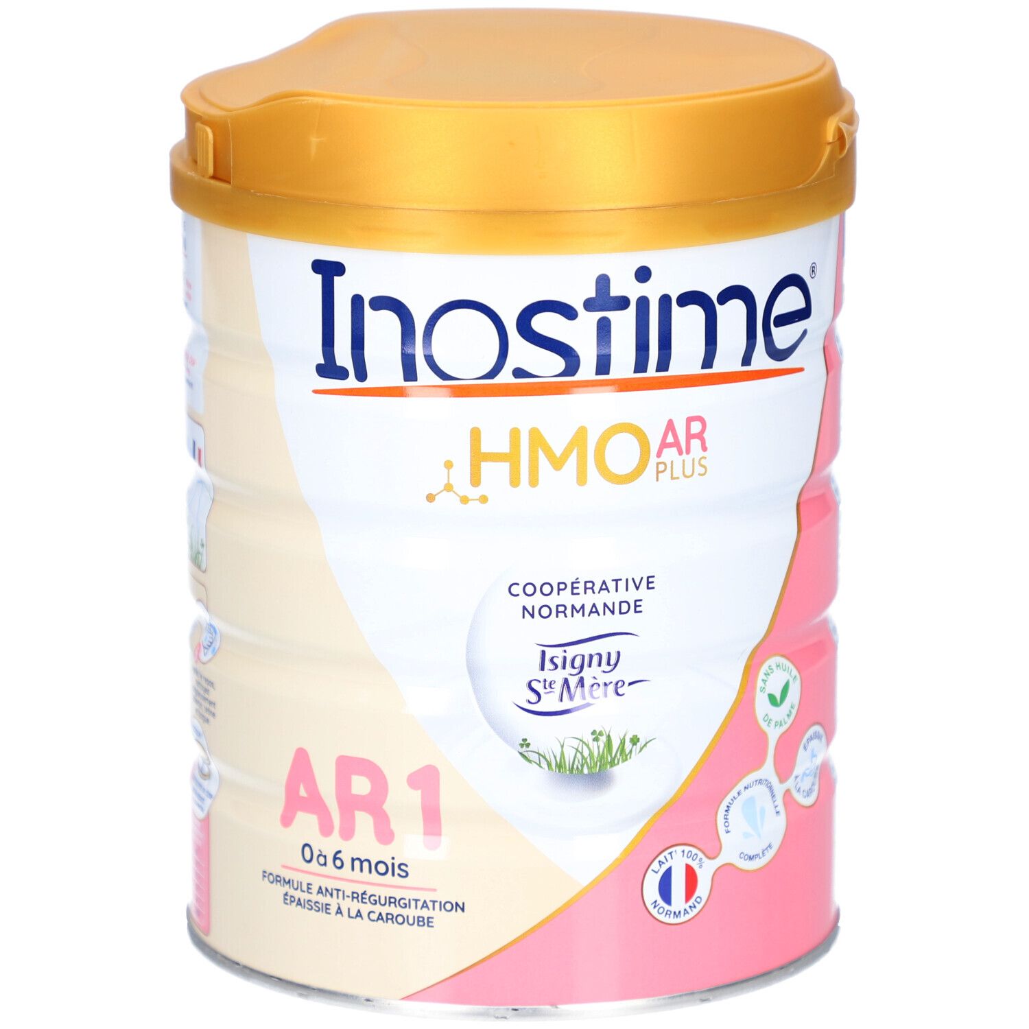 Boîte de lait infantile Inostime AR1, 0-6 mois. Couvercle doré, design rose et blanc. Inscription : HMO AR PLUS.
