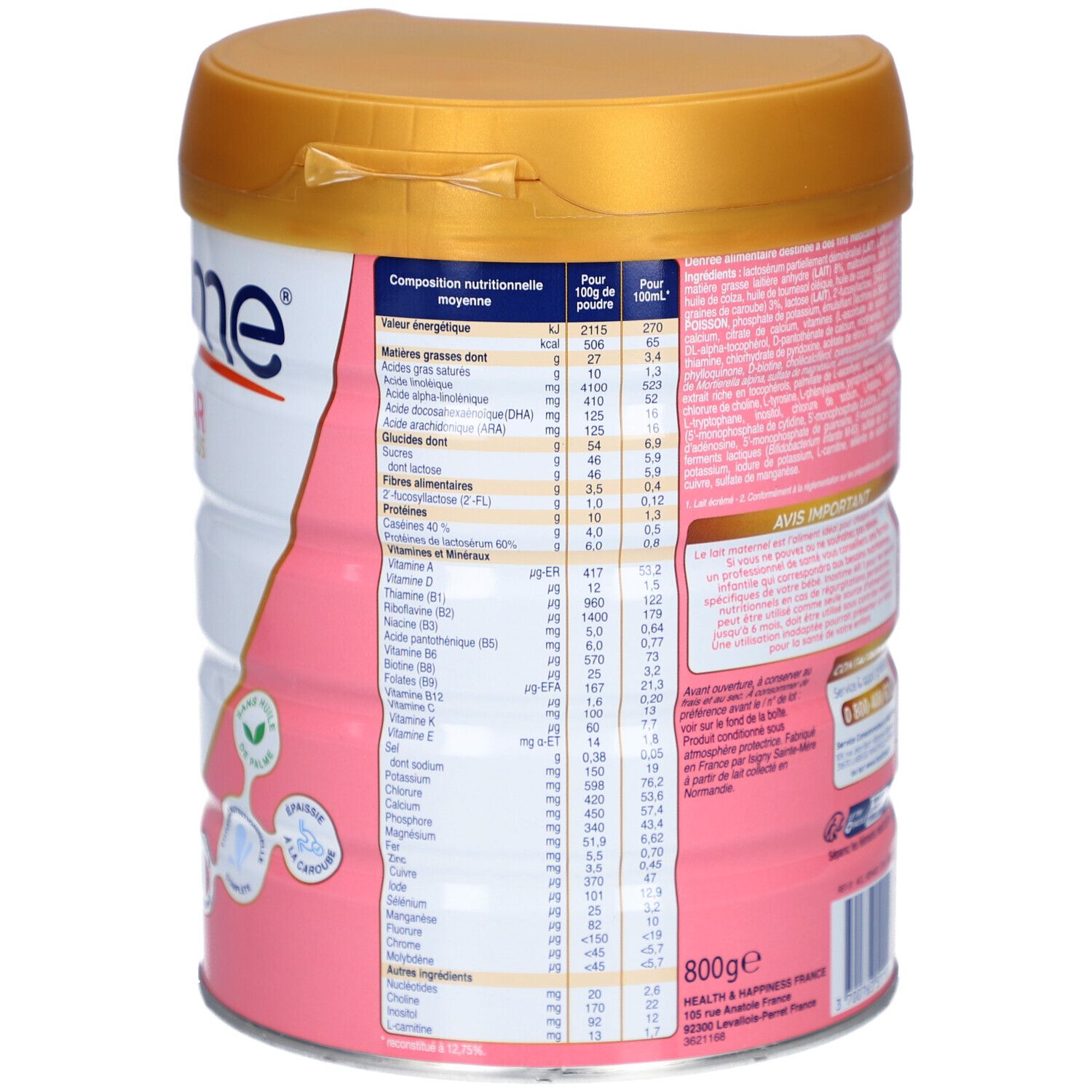 Dos de la boîte de lait infantile. Inostime, AR1. Couvercle doré. Texte : Informations nutritionnelles, 800g.