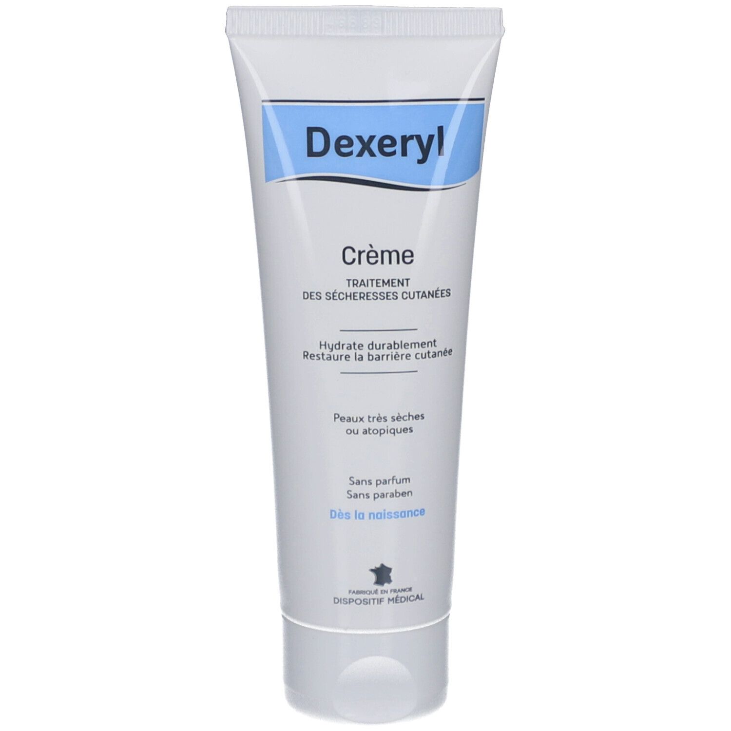Tube de crème Dexeryl. Texte : Crème, traitement des sécheresses cutanées. Sans parfum, sans paraben. Dès la naissance.