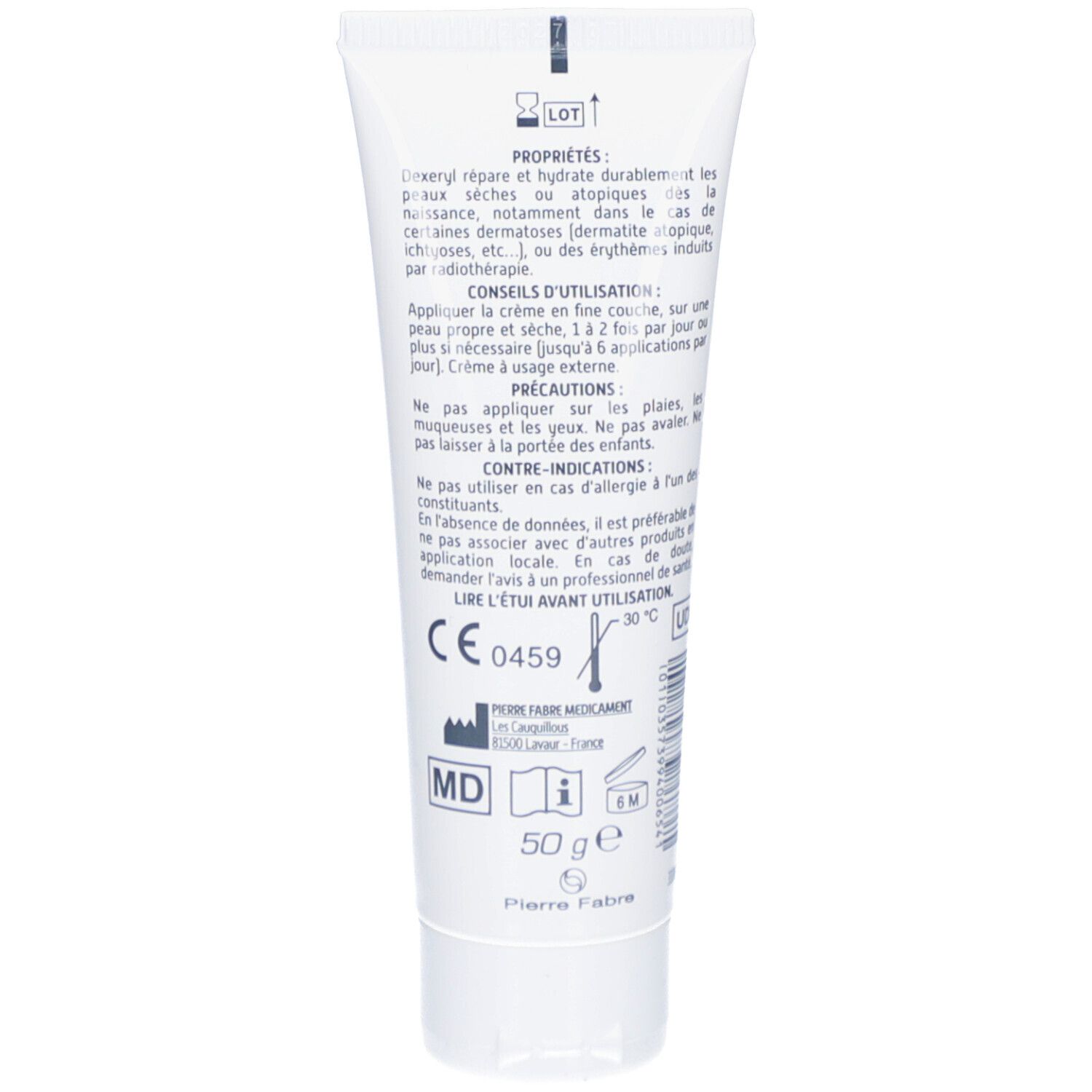 Dos du tube de crème. Texte : Propriétés, conseils d'utilisation, précautions, contre-indications. Marquage CE.
